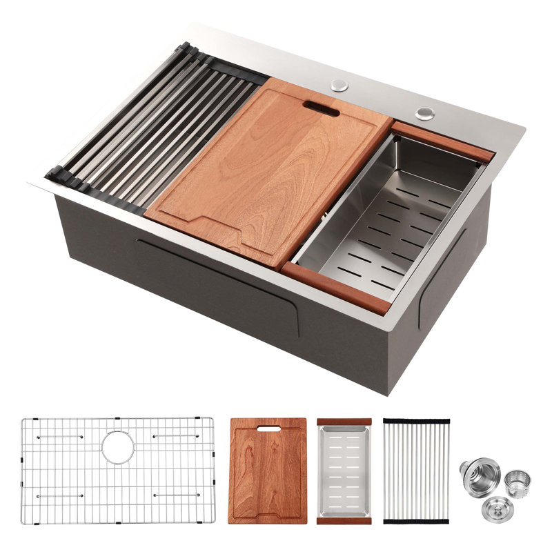 Évier de cuisine encastré 33 po - 33 po x 22 po Évier de cuisine à cuve simple à montage sur comptoir en acier inoxydable calibre 16