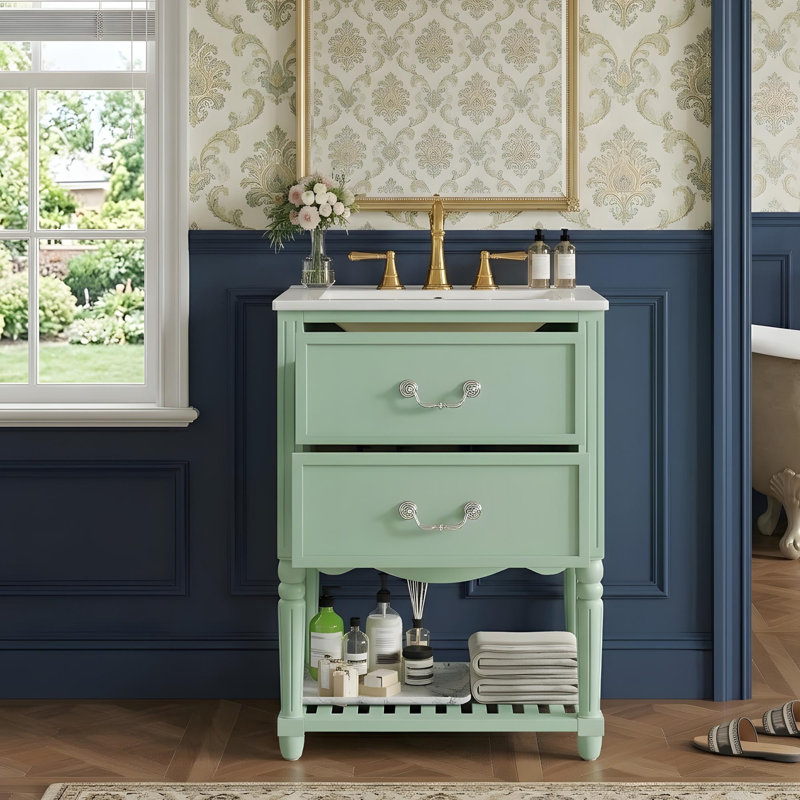 Meuble-lavabo de 24 po avec tablettes ouvertes et deux tiroirs, Vert