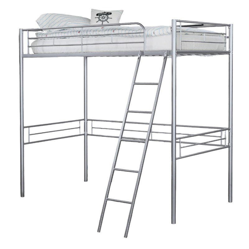 Lit mezzanine simple en métal argenté de style contemporain, avec espace intégré et ouvert pour le bureau