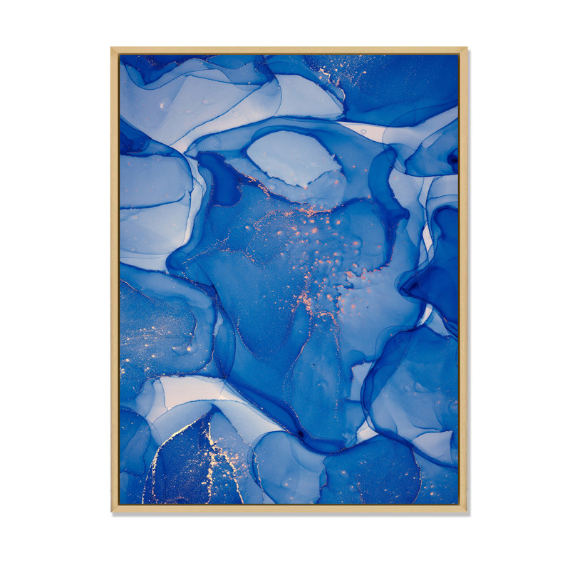 Blue Ink Clouds I - peinture sur toile, Cadre flottant érable, H 40 po x l 30 po x P 1,5 po