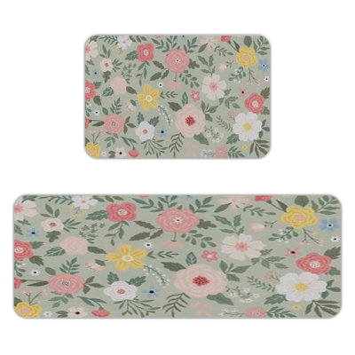 Tapis de cuisine pastel à motif floral Ditsy, ensemble de 2 tapis de flanelle antidérapants pour chambre d'enfant et cuisine