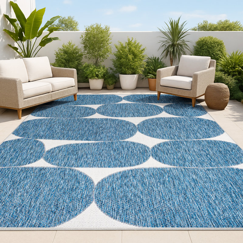 Oliver Modern Geometric Organic Shapes Navy/Cream Indoor/Outdoor Rug, Rectangle 4' x 6'
