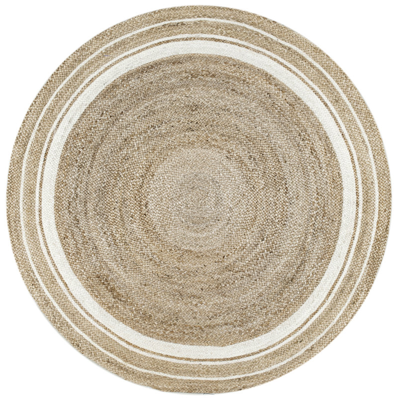 Tapis blanc cassé / naturel en jute avec bordure pour la salle à manger, le salon ou la cuisine Ankita, Rond 6 pi