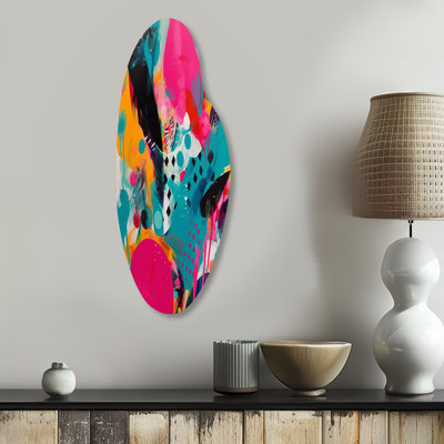 «Pink and Turquoise Abstract Enigma I», impression abstraite incurvée sur métal, art mural asymétrique moderne en métal