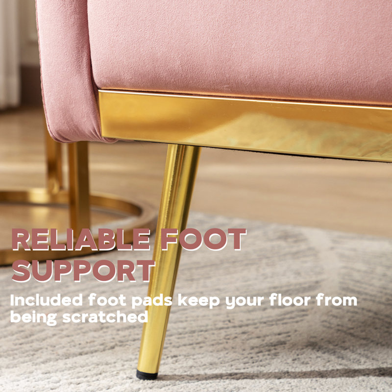 Fauteuil d'appoint rembourré en velours de 31 po de large avec coussin décoratif et repose-pieds Caretta, Velours rose