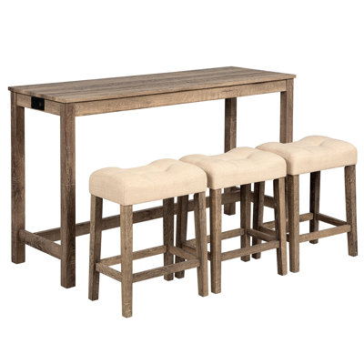 4-Piece Bar Table Set with Power Outlet, Dining Bar Table and Chairs Set,Bar Table Set with 3 Padded Stools for Living Room, Dining Room, Game Room