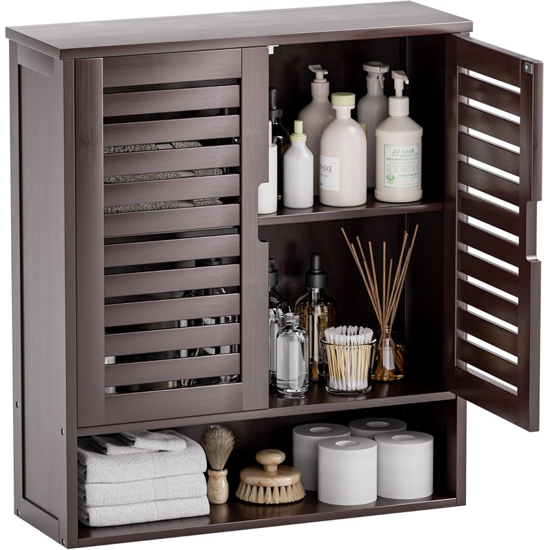 Armoire de salle de bain murale, rangement en bambou au-dessus de la toilette, armoire à pharmacie peu encombrante avec 2 portes et tablettes réglables (brun foncé)