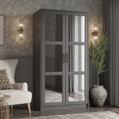 100% Solid Wood 2-Door Mysia Wardrobe Armoire with Mirrored Doors