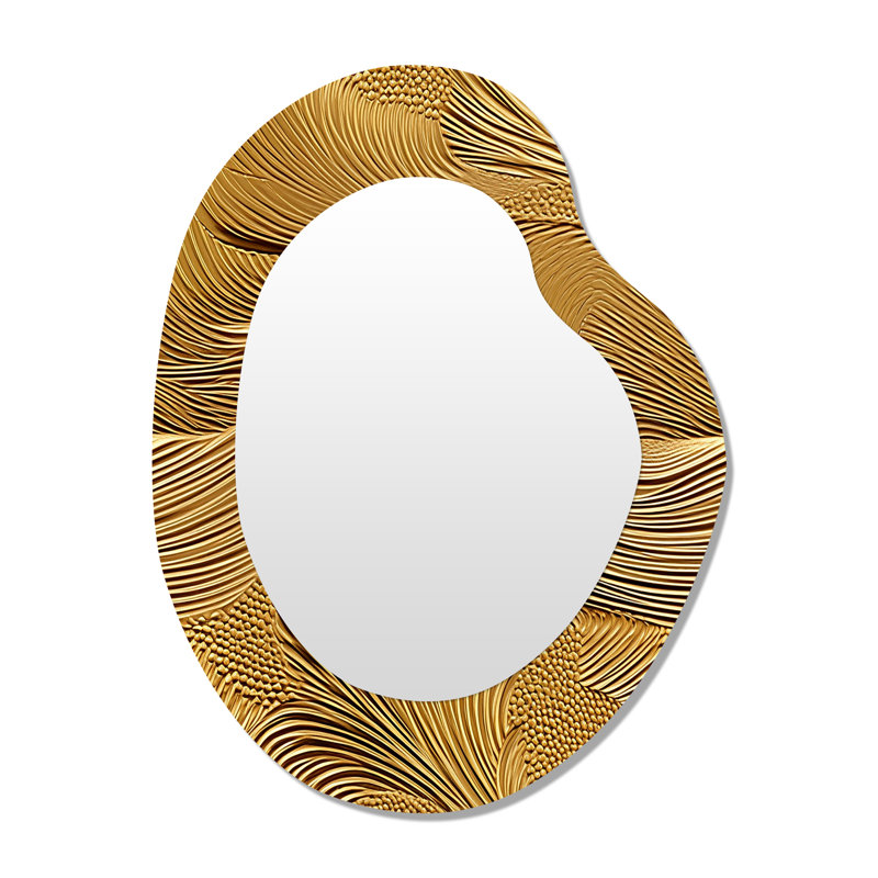 Kalvin Golden Feathers Serenity II - miroir mural de forme unique en plumes, miroir décoratif asymétrique doré, impression d'art en métal