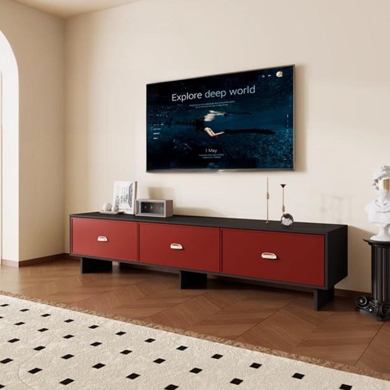 Meuble télé en bois de style nordique minimaliste, Noir / Rouge, H 19,68 po x L 86,61 po x l 15,75 po