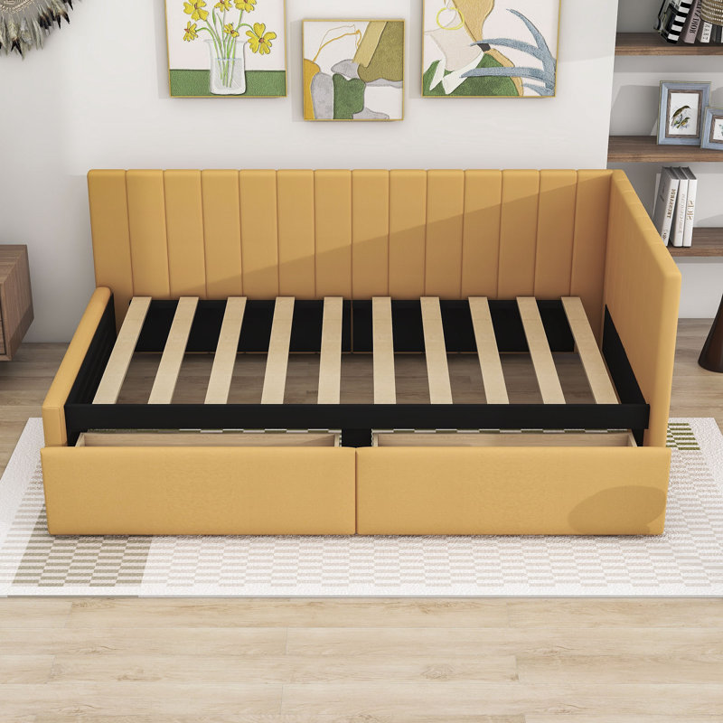Roya Twin Size Upholstered Daybed with 2 Storage Drawers, Yellow