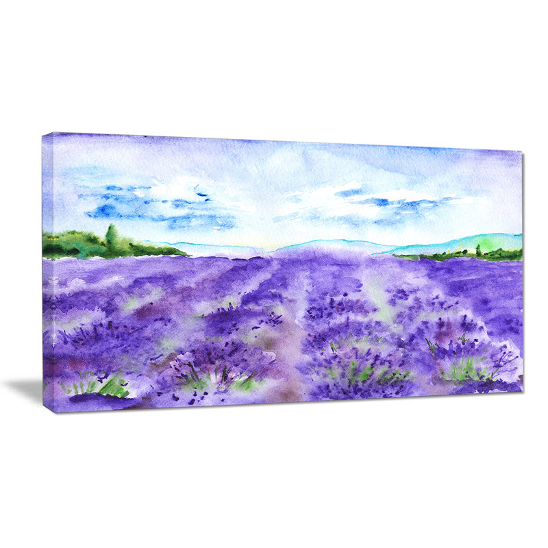 Champ de lavande - reproduction de peinture à l'aquarelle, H 16 po x l 32 po x P 1 po, Toile tendue