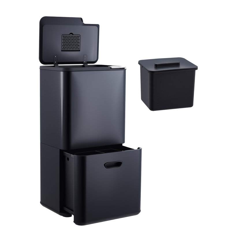 Poubelle double 16 gallons avec 2 compartiments (33l + 28l) et seau intérieur amovible Cuisine, salon, Noir