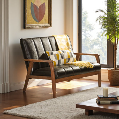 Harton Brown Leather Loveseat with Square Arms, 31.46'' H X 44.52'' W X 29.39'' D