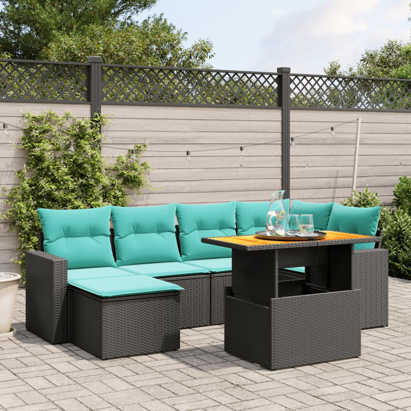 Ensemble de canapé de patio 7 pièces avec coussins en rotin de polyester, Bleu clair, Noir