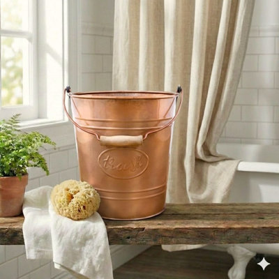 Autumn Alley Farmhouse Bathroom Trash Can - Copper Trash Can Bucket w/ Wooden Handle, 7 Litre