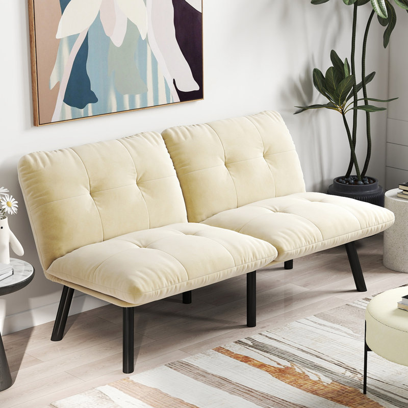 Lit crème moderne qui se plie et se transforme, 2 places, dossier réglable pour différentes positions de détente, revêtement en velours, structure en métal, rembourrage en mousse, pliant convertible pour espace de vie principal