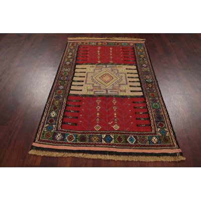 Tapis rouge / brun en laine nouée à la main de conception unique 3 pi 8 po x 5 pi 7 po New Age