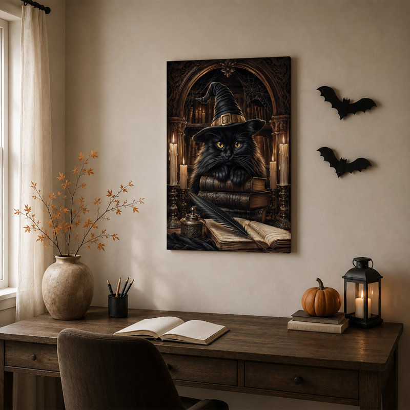 Toile noire, chapeau de sorcière avec vieux livres et bougies, art mural, 30"H x 20"W