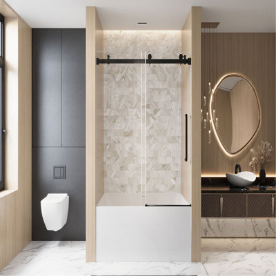 Frameless Single sliding shower door  56-60 "W x 60" H, 1/4 "(6 mm) Clear Tempered Glass, Explosion Proof Film, Stainless Steel Handle,Square Tube Track