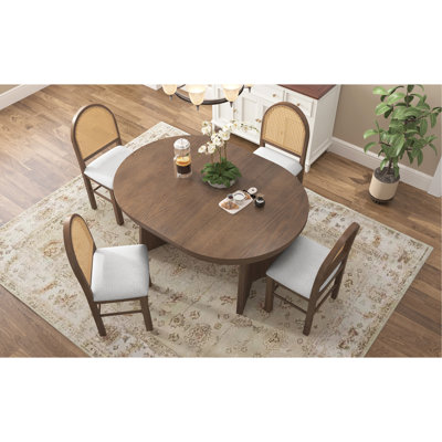 TREXM 5-Piece Round Dining Table Set for 4, Retro Extendable dining table set with 4 Upholstered Chairs, Kitchen Table and Chairs Set for Dining Room and Kitchen (Walnut+Beige)