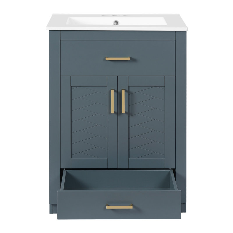 Meuble-lavabo 24 po avec lavabo en céramique intégré, armoire de salle de bain avec 2 portes, 1 tiroir basculant et meuble-lavabo simple pour salle de bain de petite et moyenne taille
