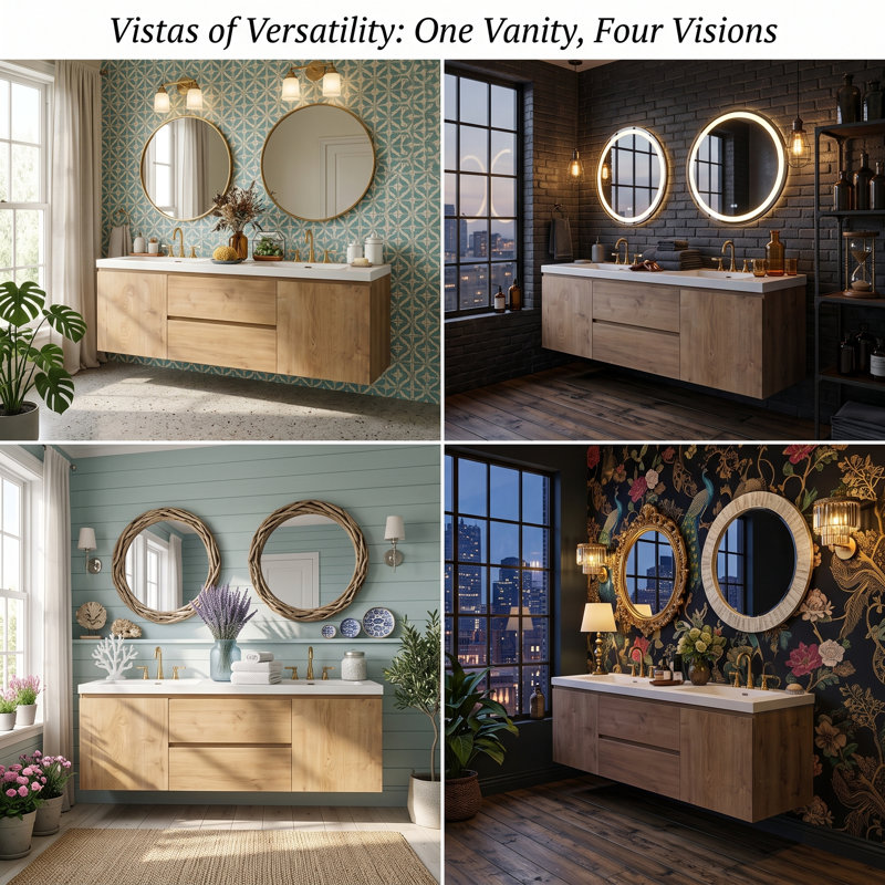 59.3" Floating Double Bathroom Vanity With SMC Top, Modern Wall-Mounted Cabinet With 2 Soft-Close Drawers & Doors, Natural Wood