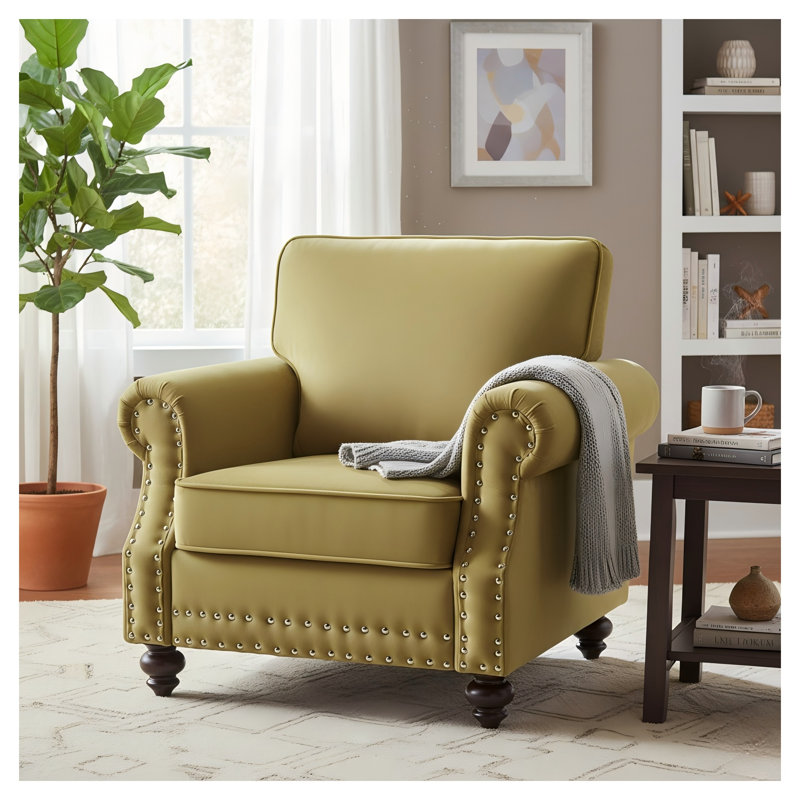 Fauteuil d'appoint classique en velours jaune avec garniture cloutée et pieds tournés en bois massif, Velours jaune