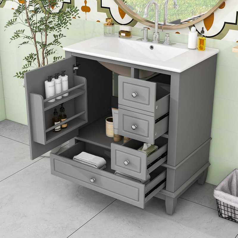 Meuble-lavabo simple contemporain en bois avec lavabo en céramique, grand rangement et porte à fermeture en douceur, Gris