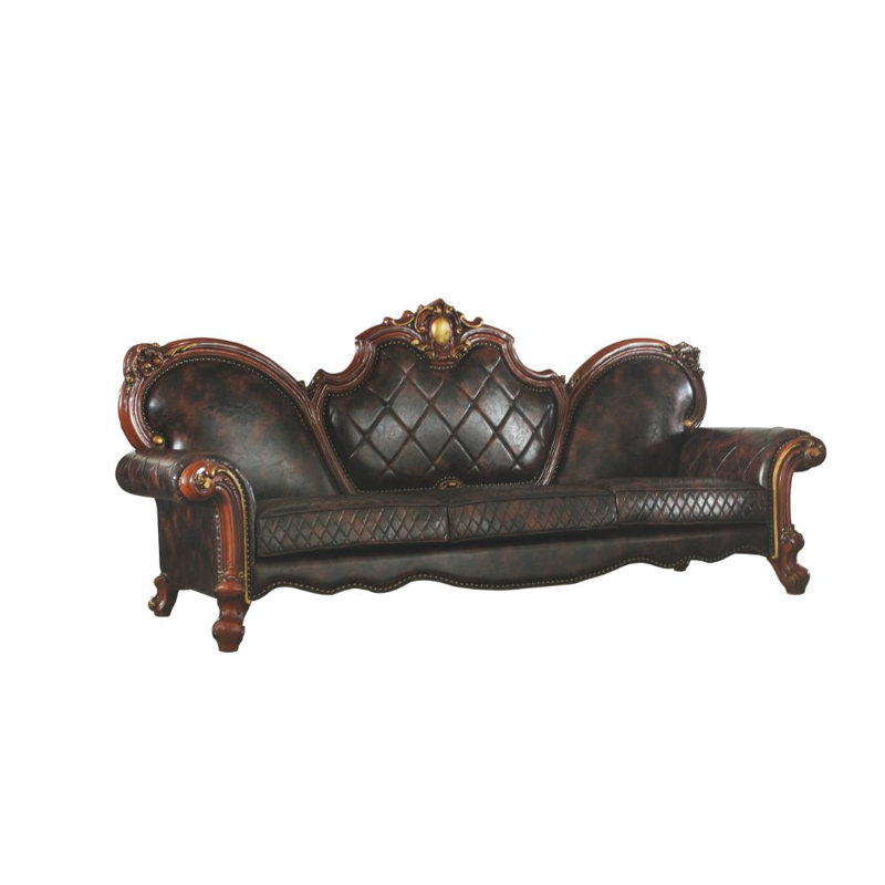 Tazmin Upholstered Loveseat with Rolled Arm, Brown PU, Vintage Cherry Oak, 48" H x 110" W x 39" L