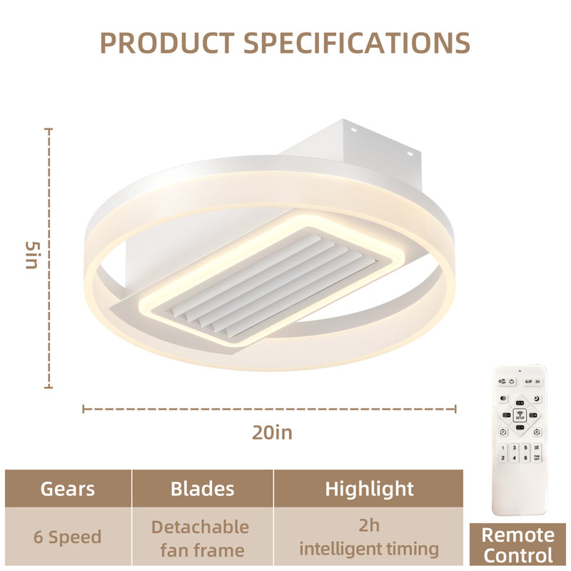 Ventilateur de plafond moderne sans feuilles de 20 pouces avec moteur réversible amovible et lavable à télécommande