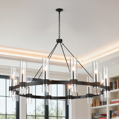 12 Lights Large Farmhouse Wagon Wheel Black With Glass Shade, 45 in Industrial Round Chandelier For High Ceilings Foyer Living Room Dining Room