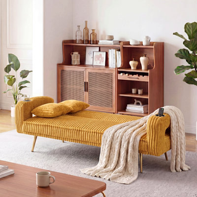 74.01 inch straight corduroy sofa bed with pillows, adjustable in three levels, designed in a minimalist style, suitable for use in living rooms and study rooms. orange