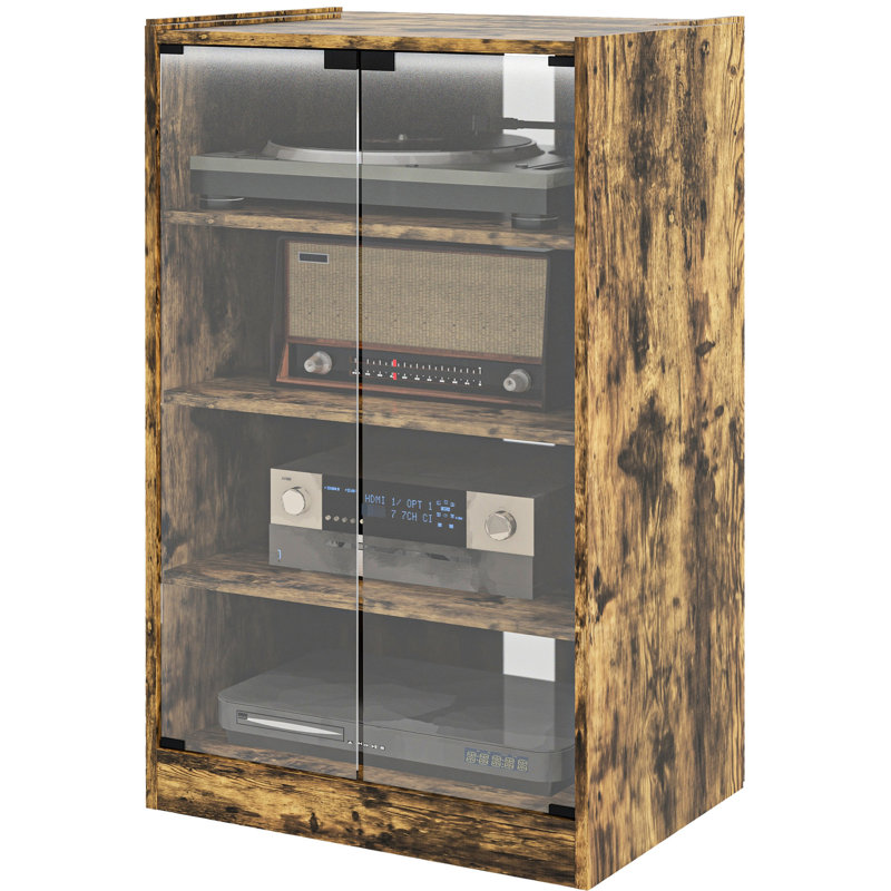 Armoire audio-vidéo rustique brun, 4 tablettes réglables, portes en verre, gestion des câbles pour le rangement multimédia et électronique.
