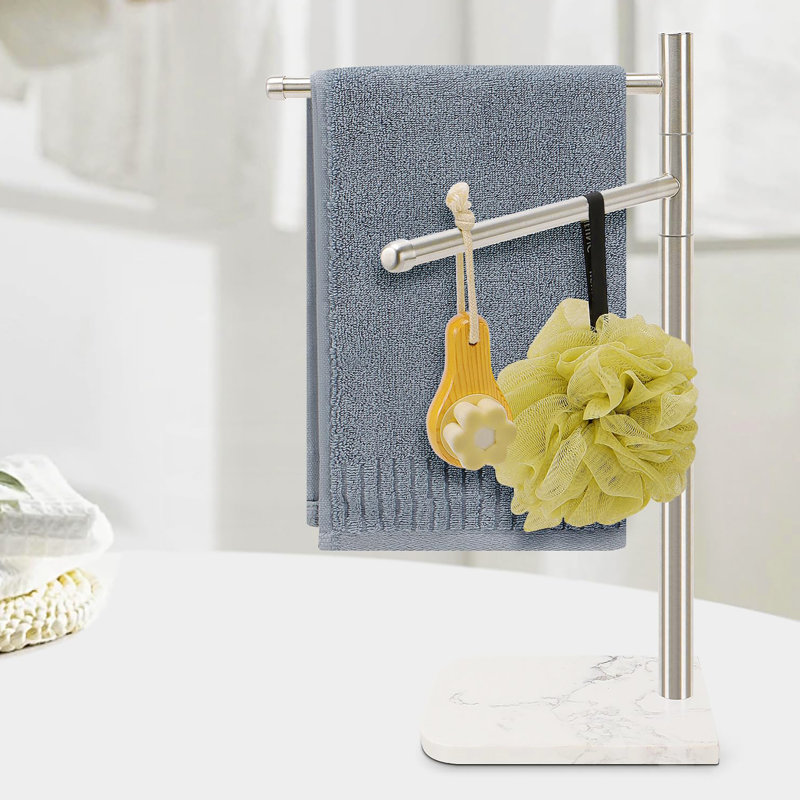 Porte-serviette debout avec base en marbre, conception en acier inoxydable 304 avec 2 bras pivotants, Nickel brossé