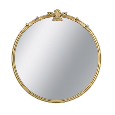 30X31" Round Wall Mirror With Gold Finish And Decorative Leaf Crest