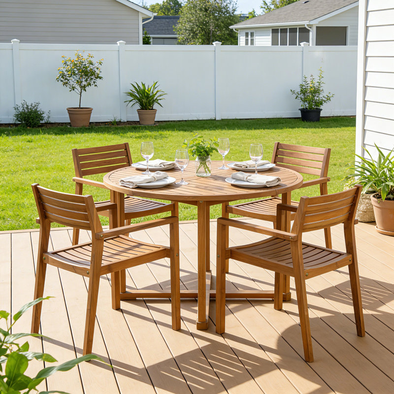 5-Piece Acacia Wood Patio Dining Set With 47.2" Round Slatted Table & 4 Chairs, Natural/Brown