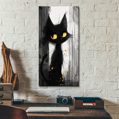 Art mural en verre "Chat noir aux grands yeux jaunes" par Momart