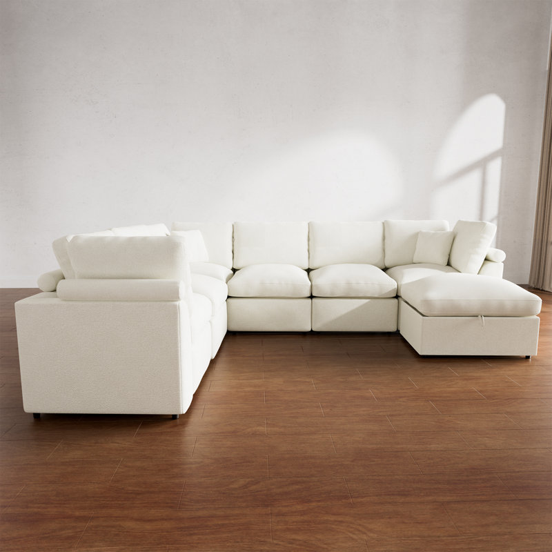 Canapé modulaire en chenille de salon en L 7 pièces avec canapé de rangement Shamp, Blanc