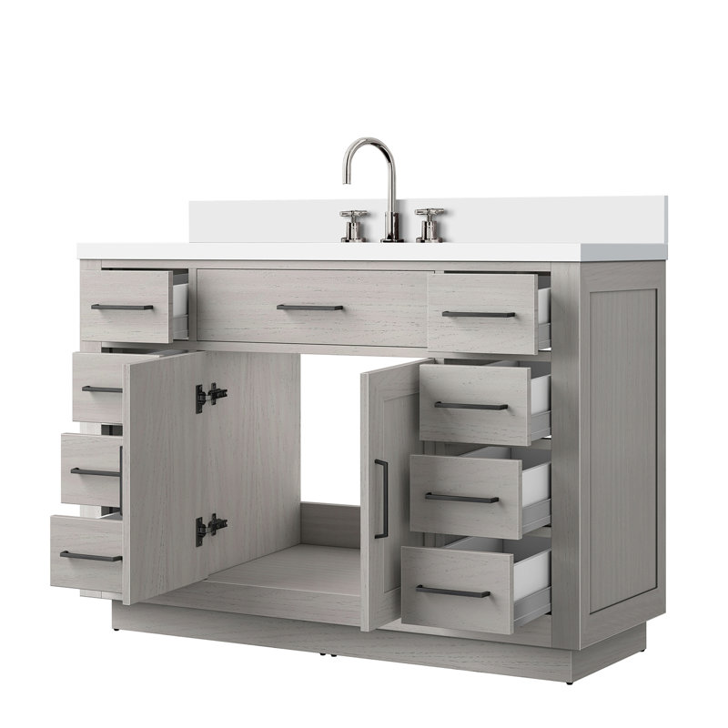 Meuble-lavabo simple 48 po L 22 po, comptoir en quartz blanc, robinet, fermeture en douceur, chêne, bois massif et ensemble de meuble-lavabo en chêne, robinet, cadre, ensemble Harmony