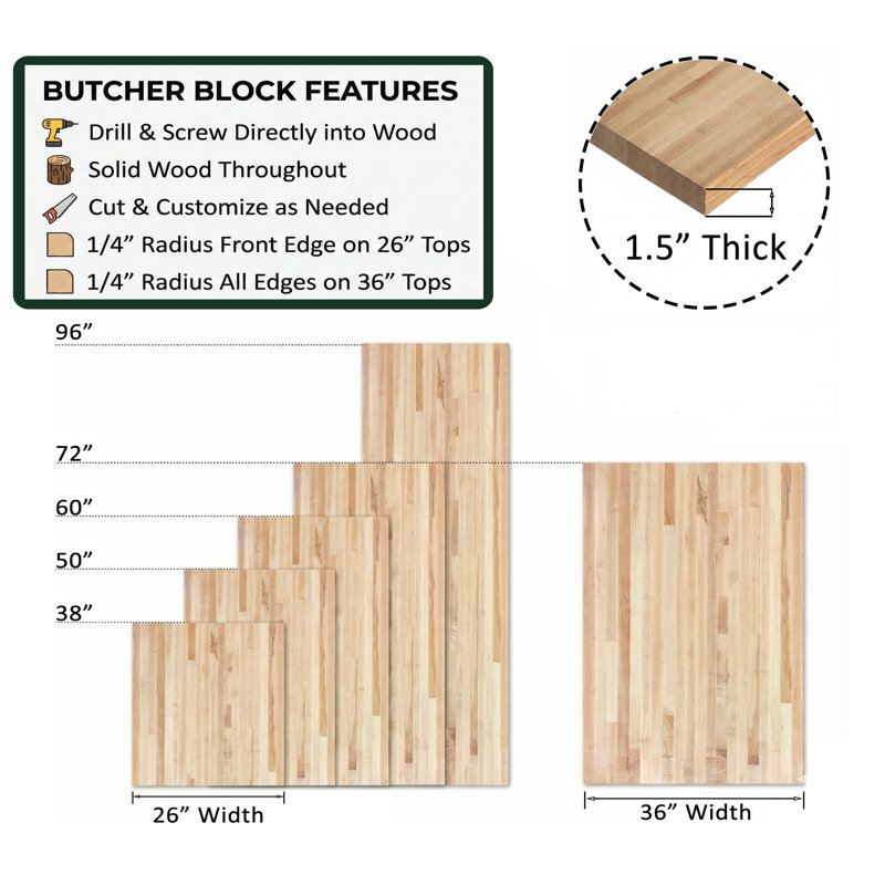 Dessus Knya Butcher Block, 1,5 po x 26 po x 96 po, Érable
