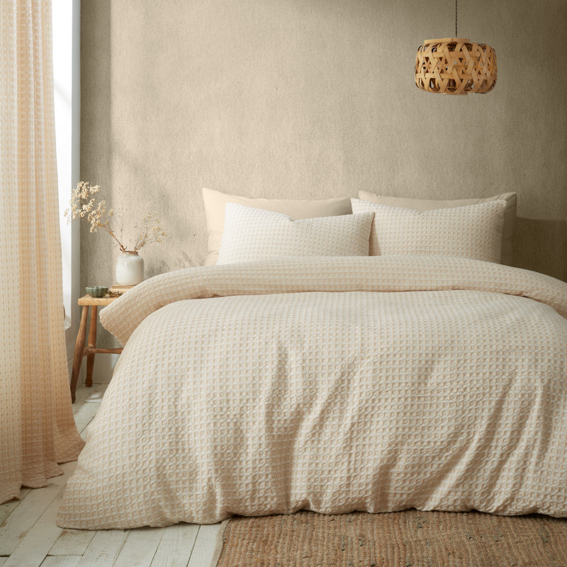 Muscat Waffle Duvet Cover Set Polyester Solid Colour Duvet Cover Set with Pillowcases Included, Beige