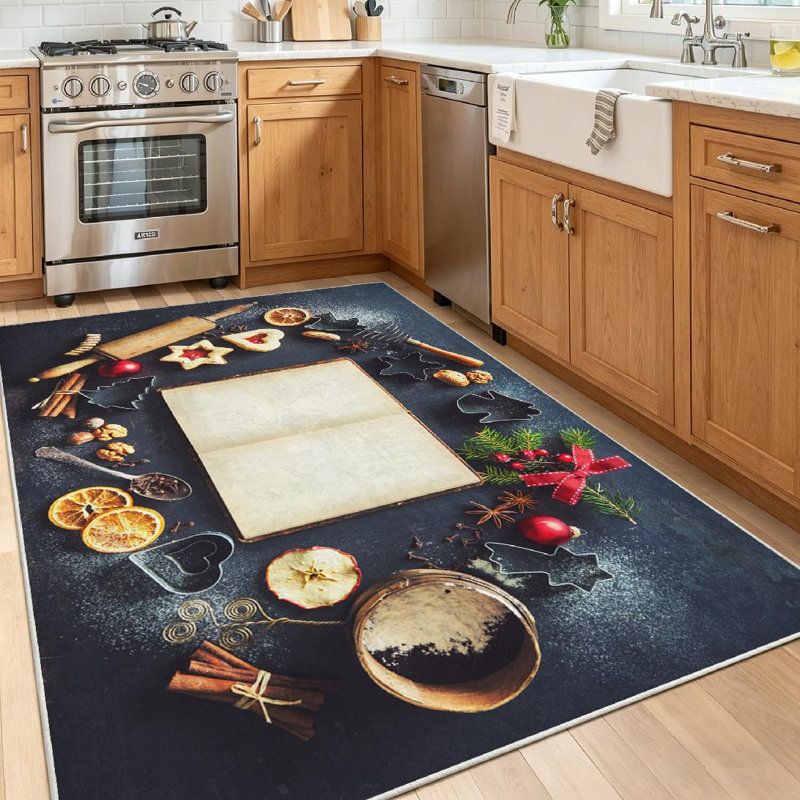 Tapis intérieur rouge lavable à la machine, motif Noël gourmandises avec livre et biscuits, Rectangle 39 po x 63 po
