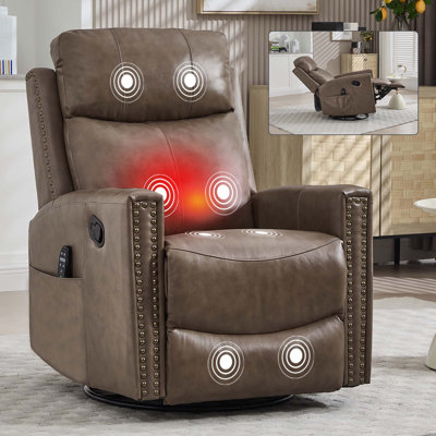 Genuine Leather Heat Massage Manual Recliner Chair with Rocker & Swivel for Living Room by Lark Manor