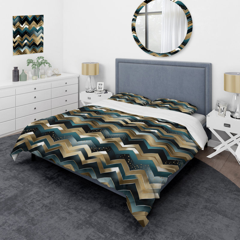 Ameisha Metallic Chevron Elegance Patter - Ensemble de housse de couette à chevrons - Polyester en microfibre