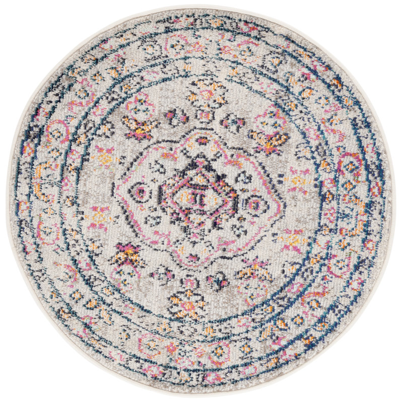 Felty Oriental Gray/Blue/Orange Area Rug, Round 3'