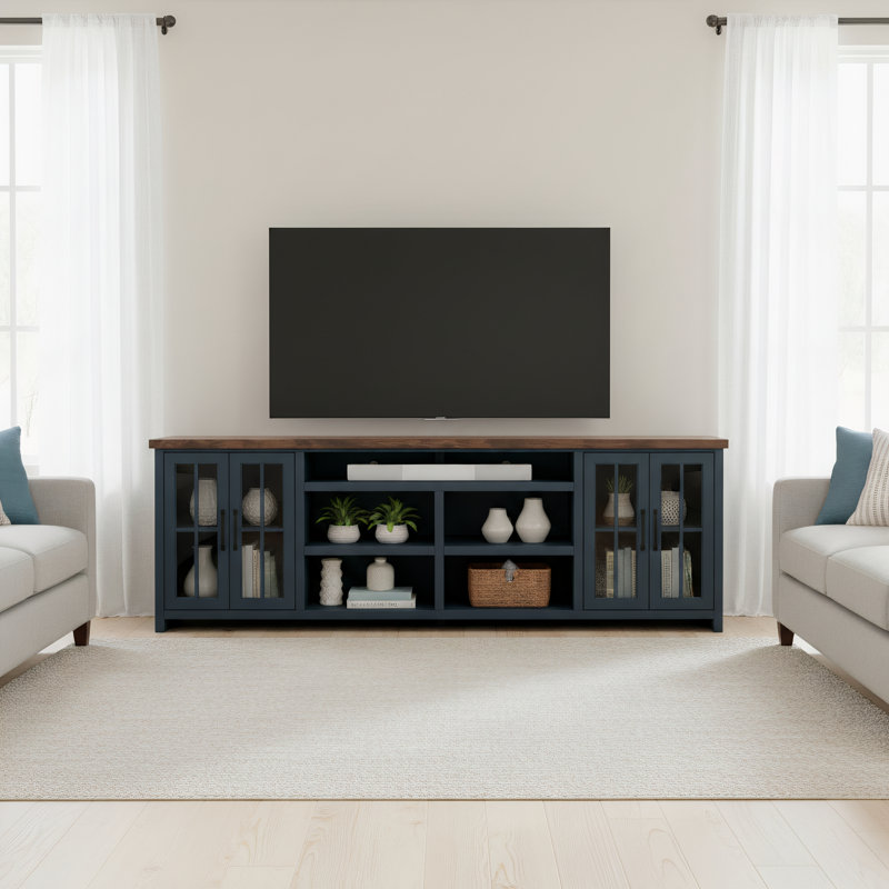 Meuble télé Brixham de 96 po pour téléviseur de 100 po ou moins, entièrement assemblé, Denim / whisky