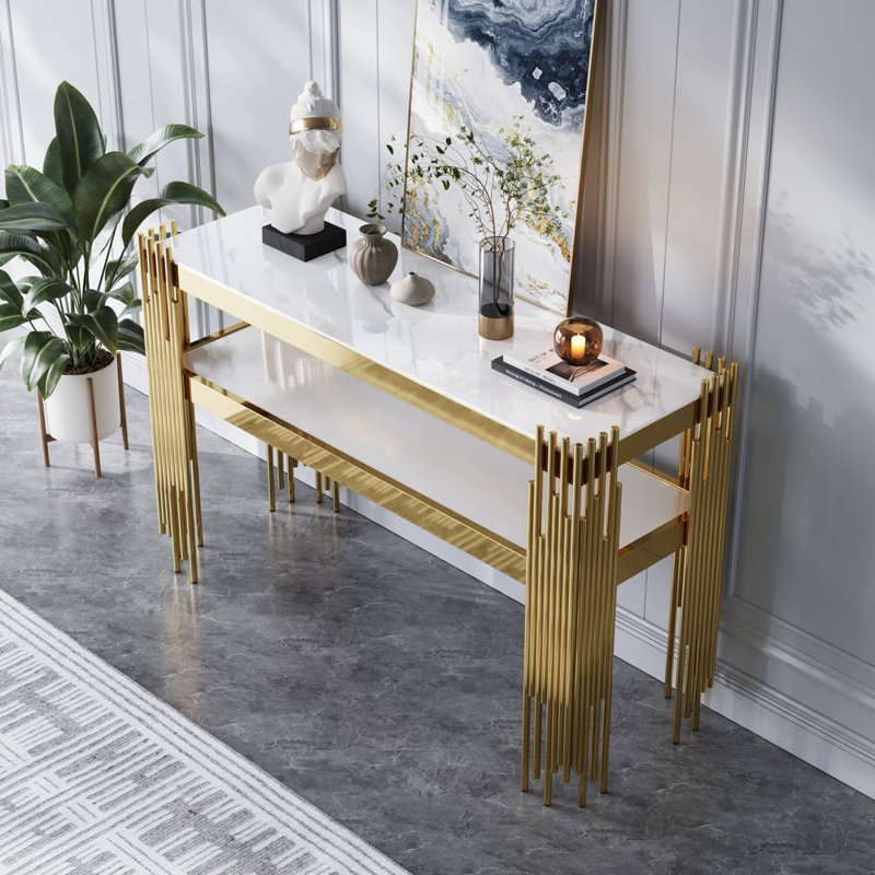 47.2" Modern White Faux Marble Narrow Console Table With Storage Shelf And 4 Gold Legs
