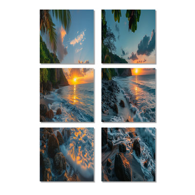 Photo panoramique de la plage rocheuse au lever du soleil - plage, ensemble d'art mural sur toile de 6