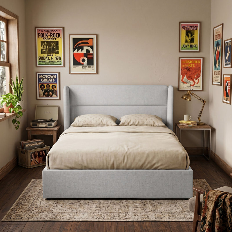 Gaillarde Hydraulic Lift Up Storage Upholstered Platform Bed, Full, Grayish White